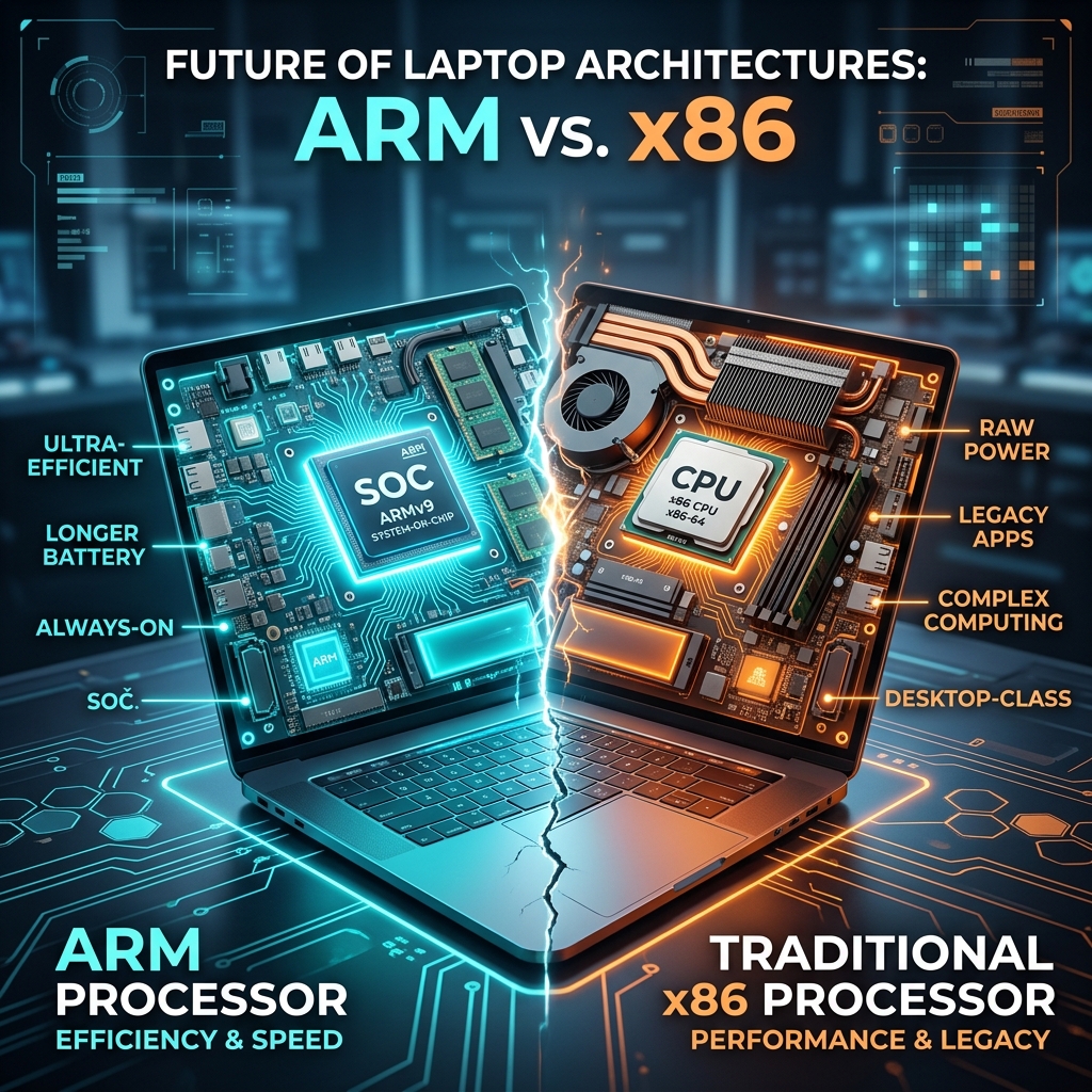 Futuristic graphic comparing arm vs x86 laptops architecture and processors