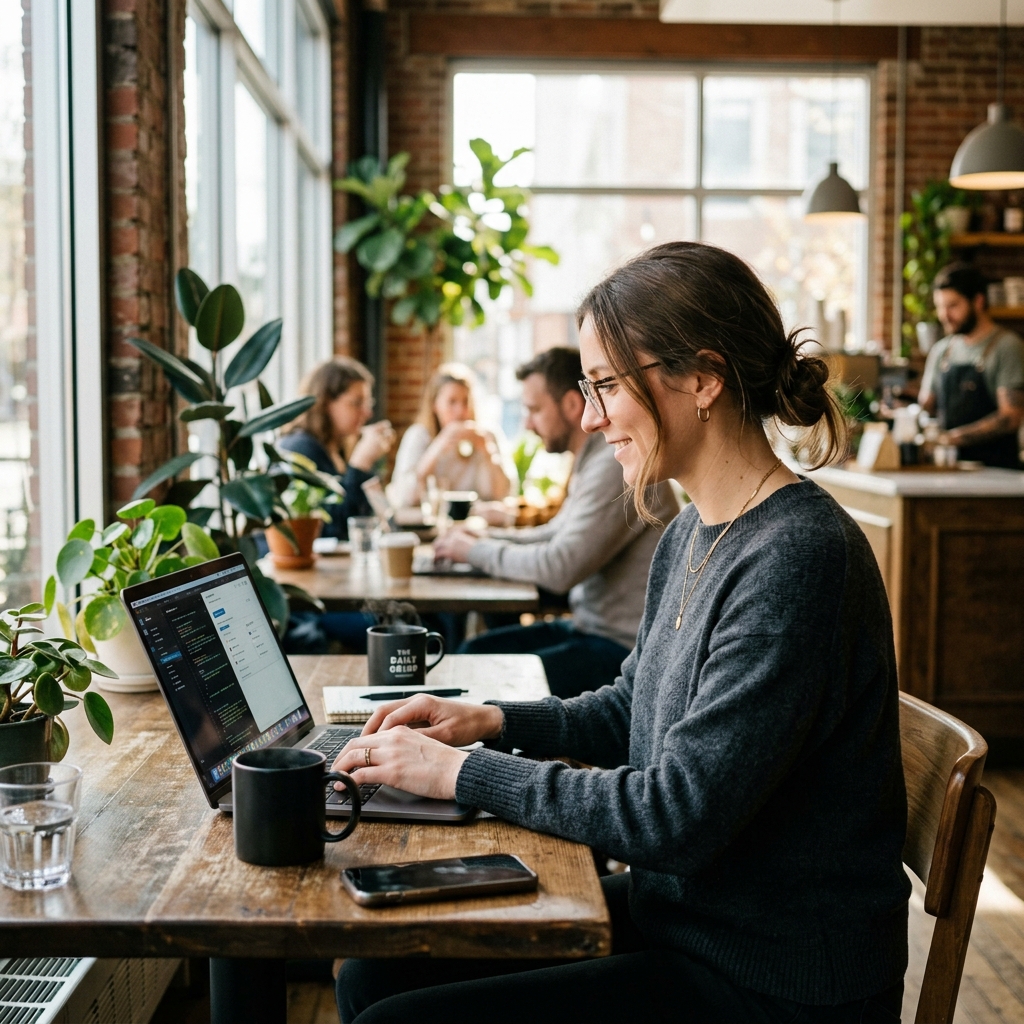 A remote professional working on a premium laptop showing long battery life for arm vs x86 laptops