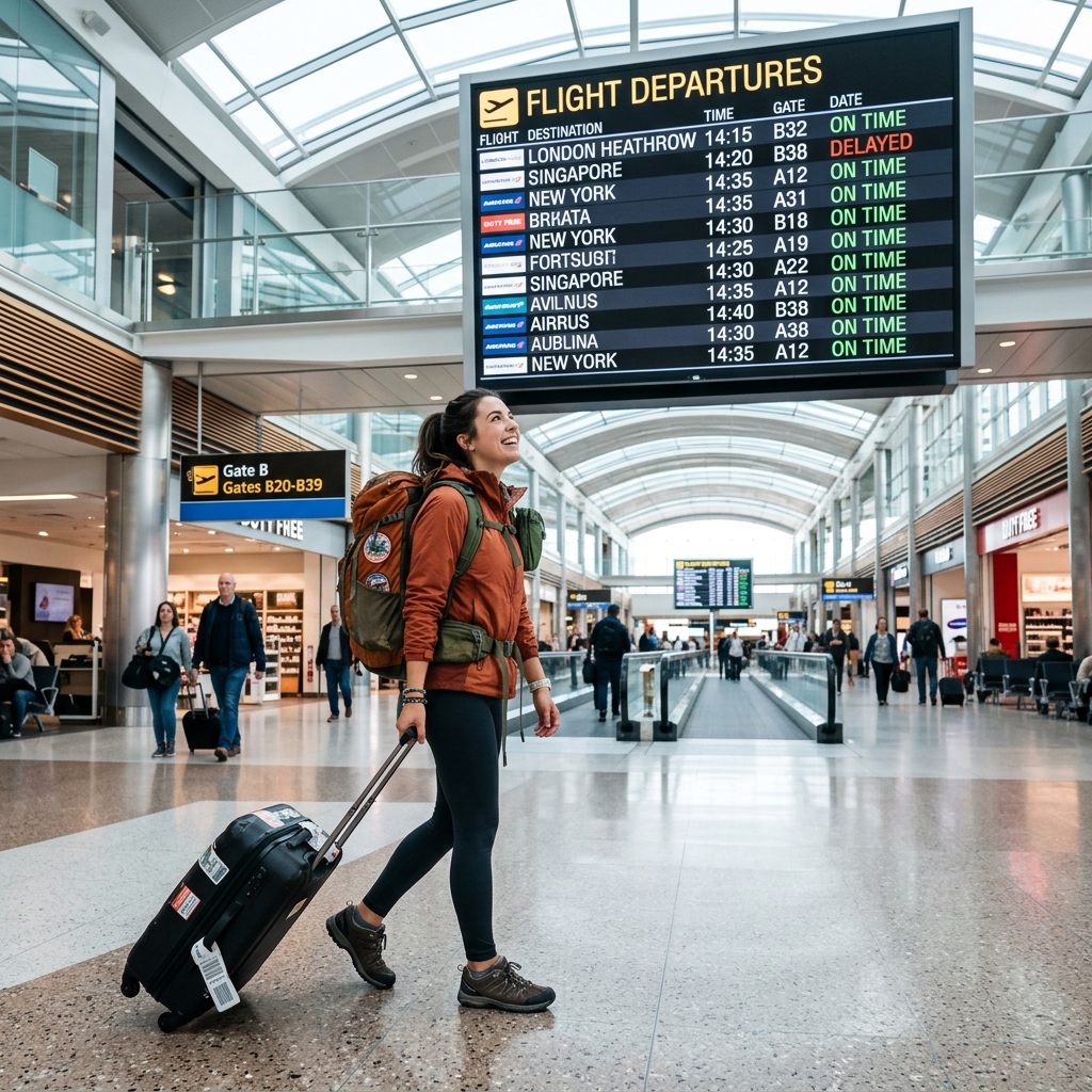 Happy budget traveler looking at flight schedule learning how to find cheap flights