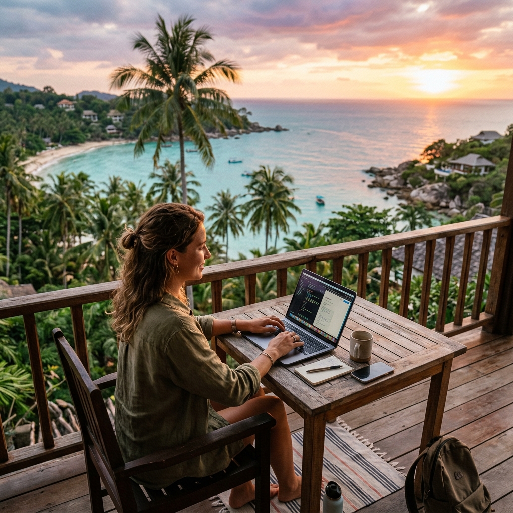 A remote worker sitting on a tropical balcony for how to become a digital nomad guide