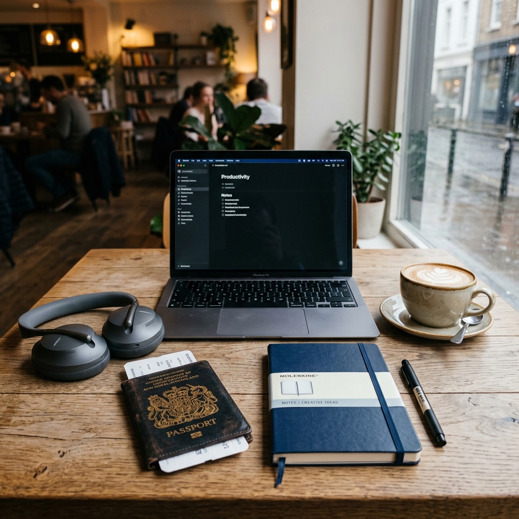 Modern cafe workspace setup detailing how to become a digital nomad gear list