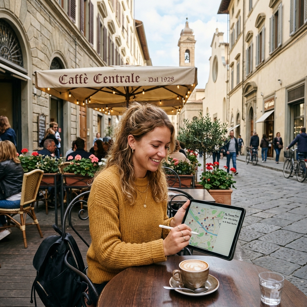 Female traveler relaxing at outdoor cafe for solo female travel guide tips