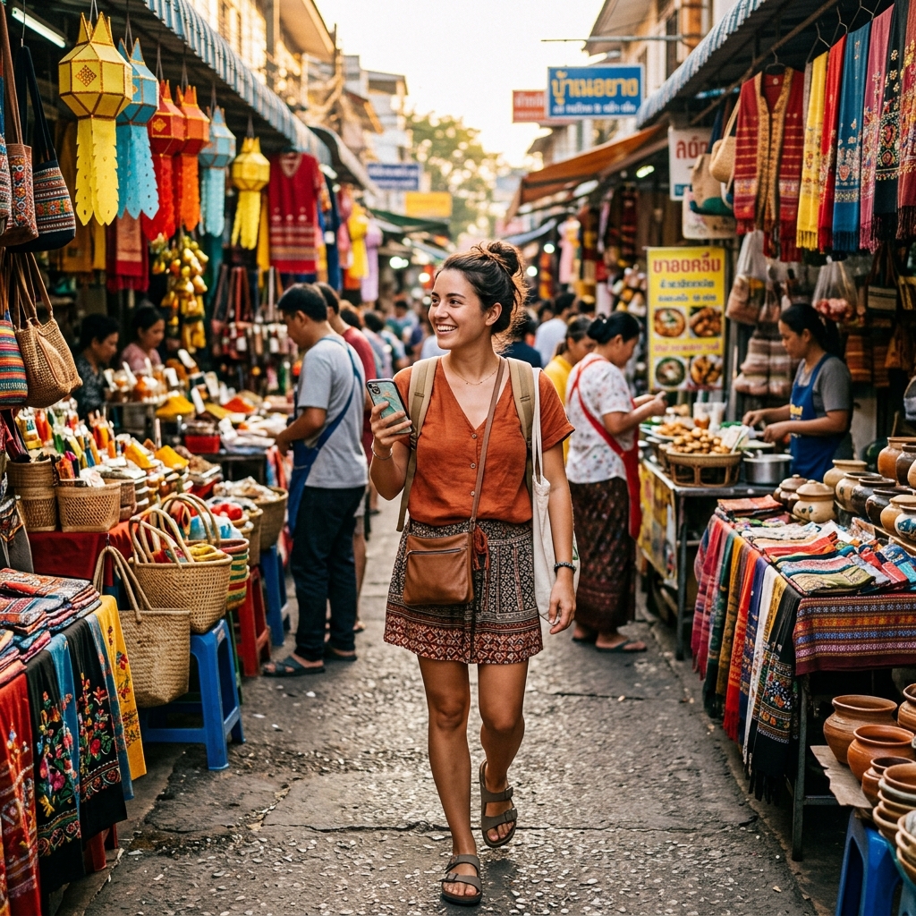 Female traveler walking through street market for solo female travel guide safety section